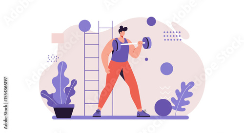 Modern flat design illustration of a person lifting weights, perfect for fitness marketing, web design, and health presentations.