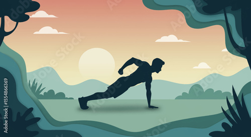 A silhouette of a man performing a dynamic push-up exercise in a serene outdoor landscape with a beautiful sunrise, rendered in a modern flat design illustration style.