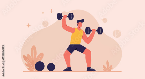 An illustrated flat design depicts a muscular man in a yellow tank top lifting dumbbells in a stylized fitness environment with abstract shapes and subtle color gradients.