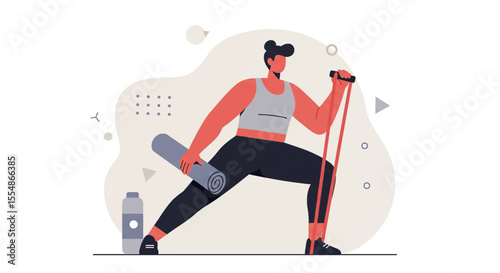 A modern flat design illustration showcases a woman exercising with resistance bands and a yoga mat, perfect for a fitness blog or wellness landing page design.