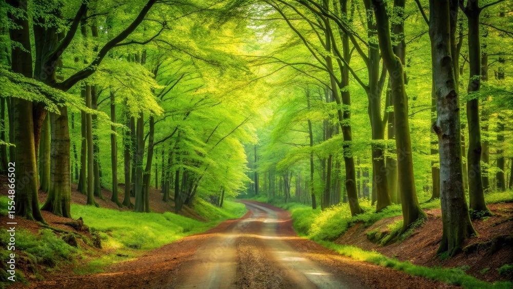 Obraz premium Sunlit Path Through Vibrant Green Forest Canopy