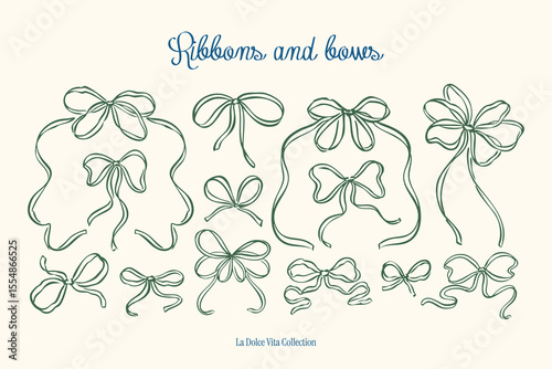 Minimal hand drawn ribbons and bows vector collection. Art for greeting cards, wedding invitations, postcards, branding.	