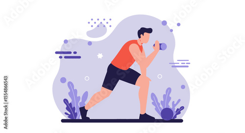 A vibrant flat design illustration showcases a man exercising with a dumbbell, perfect for a fitness landing page or an infographic promoting healthy living.
