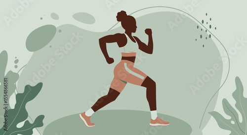 A strong African American woman in athletic wear is depicted running with determination against a modern, abstract light green background in a flat design illustration style.