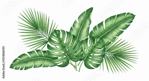 A vibrant yet minimal watercolor illustration of tropical leaves like monstera and banana leaves, ideal for fresh, natural-themed interiors