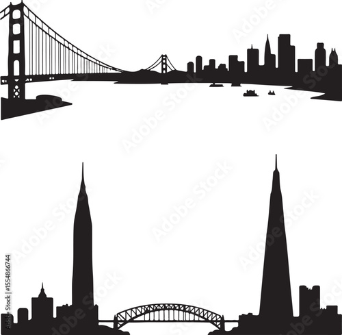san francisco skyline, skyline, city, silhouette, vector, cityscape, building, architecture, buildings, skyscraper, urban, illustration, sky, business, tower, black, travel, chicago, dubai, town, land