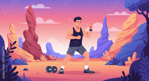 A flat design illustration showcases a man in boxing stance outdoors, suitable for a landing page promoting fitness, sports, and healthy lifestyle marketing campaigns.