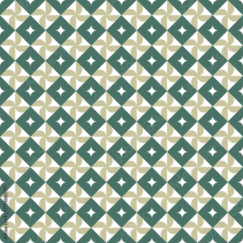 A seamless geometric pattern featuring repeating green and beige diamond shapes with abstract details.