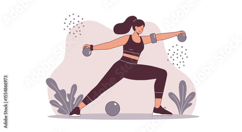 A fit woman in athletic wear performs a lunge exercise with dumbbells, depicted in a modern flat design style perfect for web banners or marketing materials.