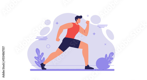 A vibrant flat design illustration features a determined man in athletic attire running with energy, ideal for a fitness landing page or promotional banner.