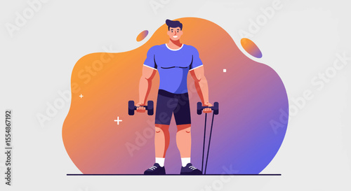 Muscular man exercising with dumbbells and resistance band, flat design illustration perfect for fitness websites, banners, landing pages, and marketing presentations.