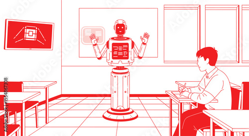 A robot teacher instructs a student in a minimalist classroom setting.