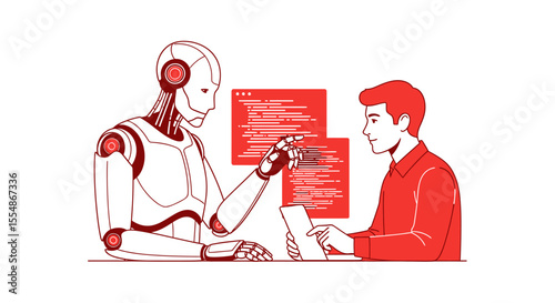 A robot and a man collaborate, analyzing code on a digital screen.