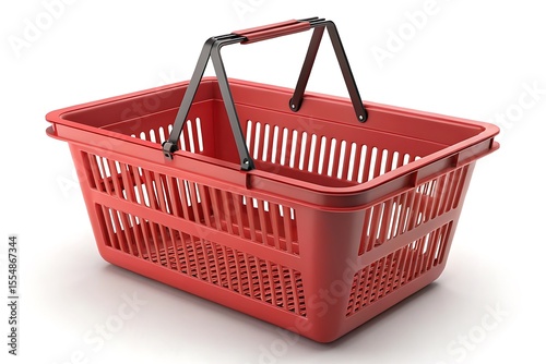 Red plastic shopping basket with black handle isolated on white background studio shot