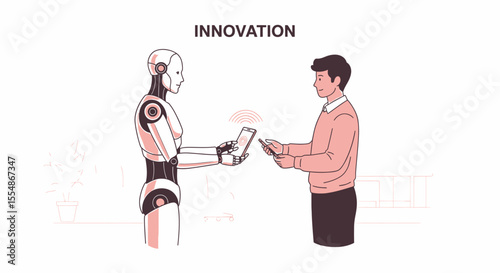 Human and robot collaborate, exchanging data via tablets, symbolizing technological innovation.