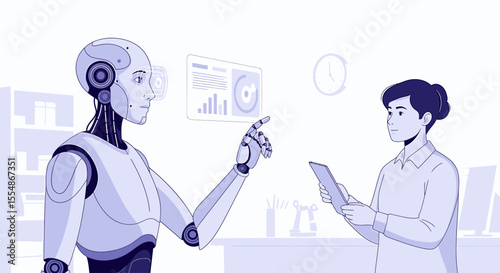 Human and robot collaborate on data analysis, reviewing charts and graphs in an office setting.