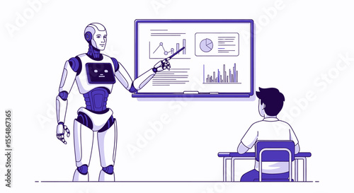Robot teacher instructing a student using data visualizations on a digital whiteboard.