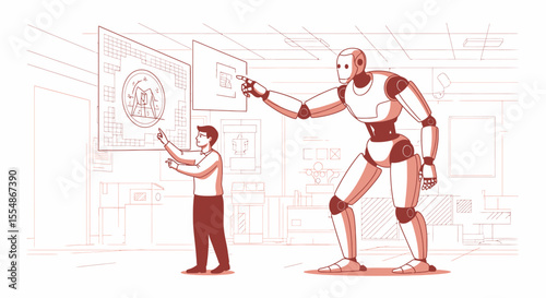 Human and large robot collaborate, reviewing data on interactive screens.