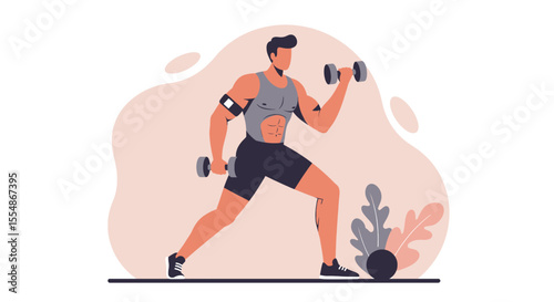 A modern flat design illustration depicting a muscular man working out with dumbbells, ideal for a fitness landing page or marketing banner design, and infographic.