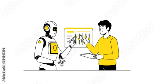 Human and robot collaborate on data analysis, reviewing charts and adjusting settings together.