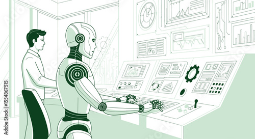 A humanoid robot operates a complex control panel while a man observes in a modern, bright room.