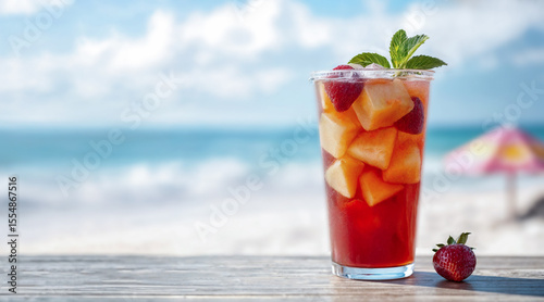 Refreshing drink with fruit slices and mint on wooden table against blurred beach background.
