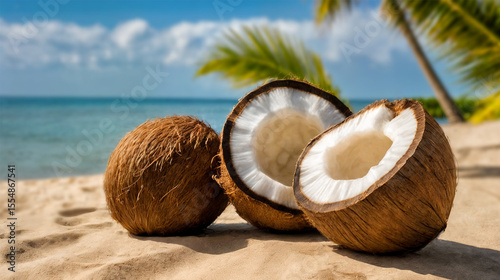 Beach scene with  coconut cut in half, revealing its white flesh, and two whole coconuts on sandy shore.
