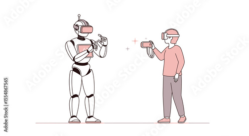 A human and a robot engage with virtual reality headsets and controllers, suggesting a futuristic interaction.