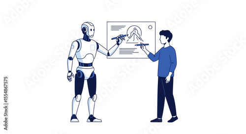 A robot and a person collaborate on a design displayed on a whiteboard, both holding pens.