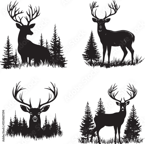 set of deer silhouettes, deer, animal, silhouette, reindeer, vector, nature, wild, mammal, illustration, wildlife, stag, animals, antler, antelope, elk, cartoon, buck, antlers, hunting, forest, moose,
