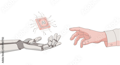 A human hand reaching for an AI chip held by a robotic arm, symbolizing the transfer of technology.