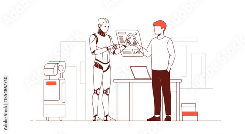 A human and a robot collaborate on a project, examining a shared diagram at a table in an office setting.