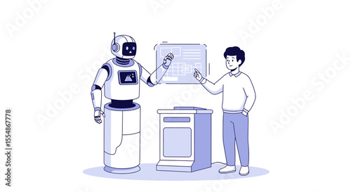 A stylized illustration of a robot and a person interacting with a digital display.