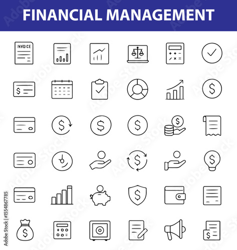 Financial Management Line Icons, Budget, Savings, Expense Report, Investment, Wallet, Currency, Calculator, and More , Editable Formats: AI, EPS, JPG, PNG , Ideal for Both Digital and Print Use