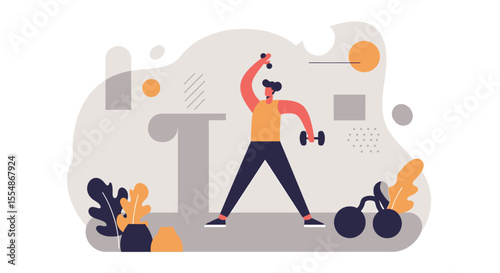 A modern flat design illustration showcases a fitness enthusiast working out with dumbbells amid abstract shapes, ideal for a health and wellness landing page.