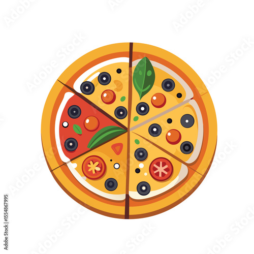 Pizza slice and whole pizza vector drawing with melted cheese and toppings