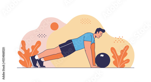 A vector illustration depicts a man in fitness attire performing a push-up exercise with a medicine ball, set against a colorful, flat design background.