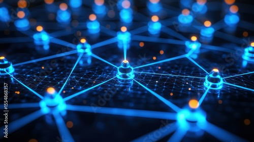 Interconnected blue nodes & lines with orange highlights