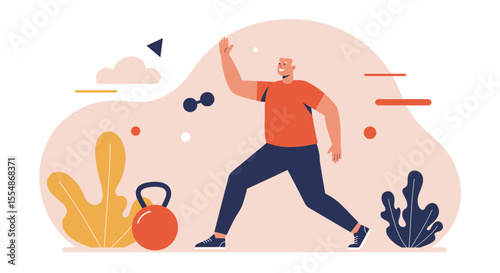A flat design illustration showcases a man exercising with dumbbells and kettlebell, perfect for a fitness-themed landing page or marketing banner design.