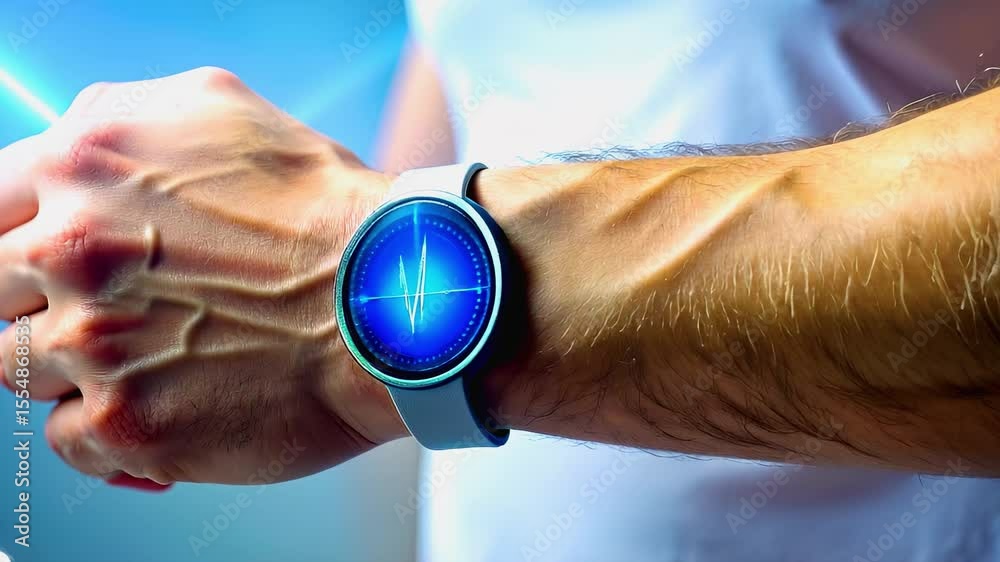 Close-up of a man wearing a glowing smart skin patch or futuristic smartwatch interface displaying vital signs, representing health tracking and wearable technology innovation.