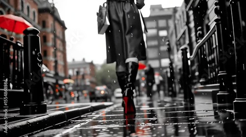 Woman walking in glossy boots with red soles on rainy street. Slow motion. 4K.
