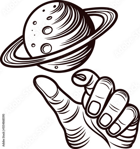 Hand drawn illustration of a hand balancing a ringed planet with craters in vintage engraving