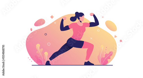 A vibrant, flat design illustration showcasing a strong woman flexing her muscles, ideal for marketing materials, landing pages, and health-focused web designs.