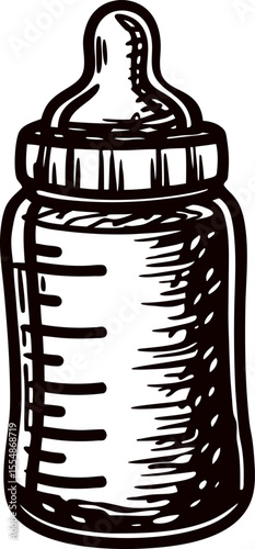 Hand drawn sketch of a baby bottle with measurement markings and screw cap nipple