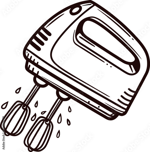 Hand drawn electric hand mixer illustration with beaters and splashing drops in vintage sketch