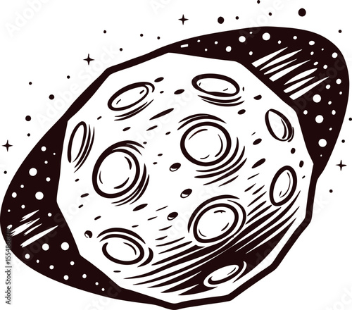 Vintage hand drawn asteroid with cratered surface and orbiting ring on white background, engraved sketch illustration