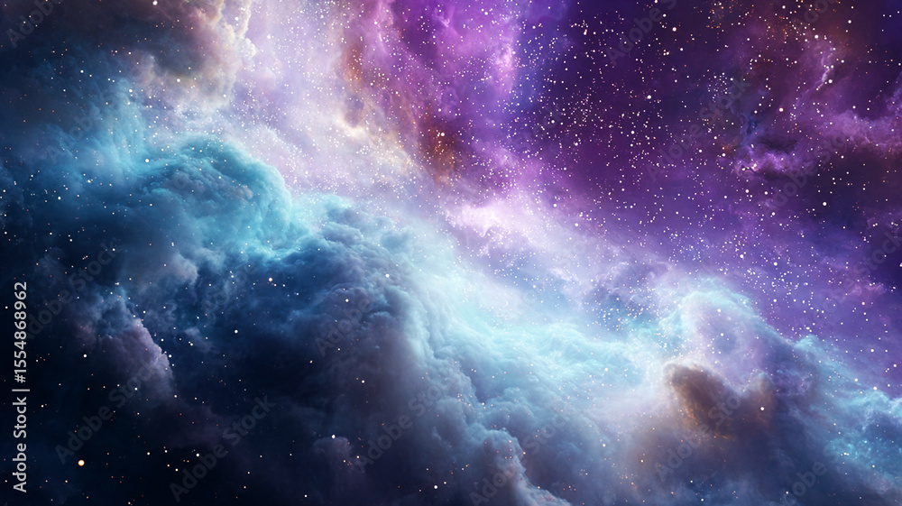 Fototapeta premium A vibrant purple and blue abstract nebula forming near a distant star cluster in outer space