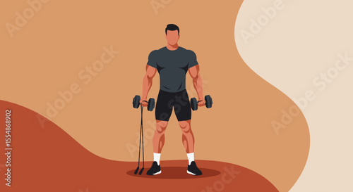 A strong, muscular man is depicted in a modern flat illustration style, standing with dumbbells ready for a workout, ideal for fitness marketing and web design.