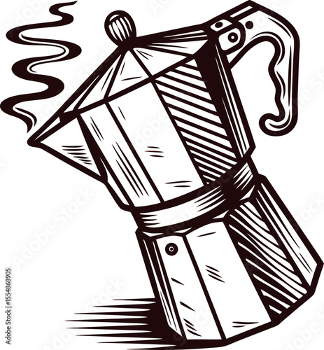 Vintage engraved moka pot with steam hand drawn italian coffee maker sketch isolated