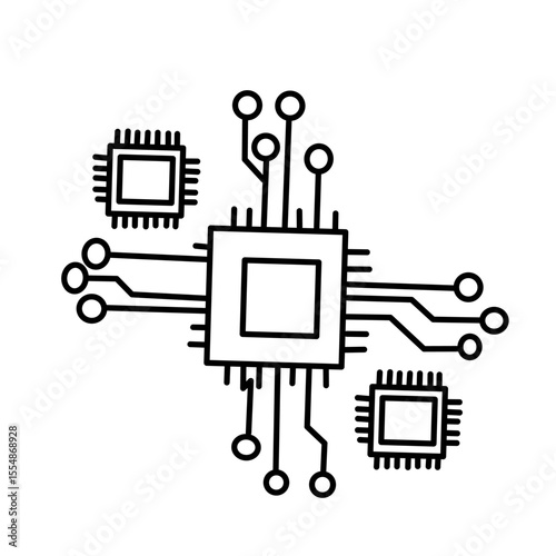Line icon showing central microchip connected to cloud, database, and mobile devices. Represents cloud computing, data sharing, IoT, and digital network infrastructure.